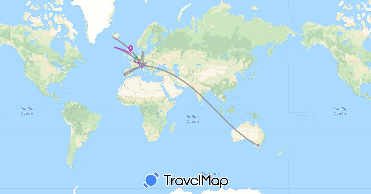 TravelMap itinerary: driving, bus, plane, train in Austria, Australia, Belgium, Switzerland, Denmark, France, United Kingdom, Iceland, Italy, Netherlands, Portugal (Europe, Oceania)